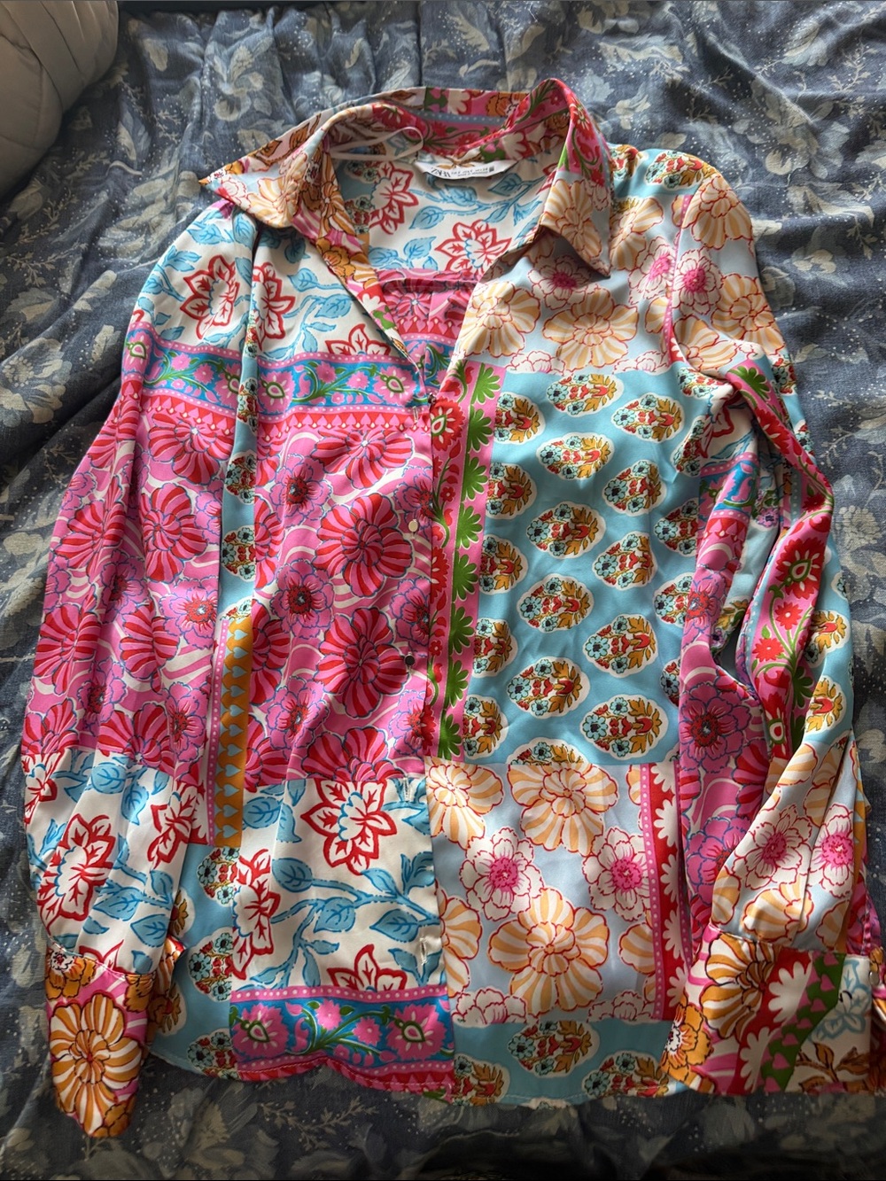 Zara Girls Pink, Aqua & Cream Floral Patchwork Button-Up Shirt